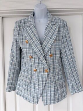 Double-Breasted Plaid Blazer Jacket in Light Blue Tweed